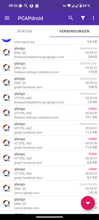 Ein Screenshot aus PCAPdroid, auf dem man Verbindungen der App qlango zu firebaseinstallations.googleapis.com, firebase-setting.crashlytics.com, graph.facebook.com und server.qlango.com erkennt.