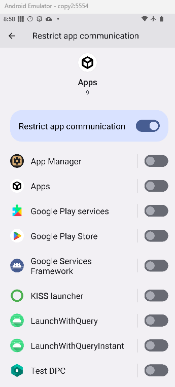 Screenshot of setting screen with a heading that reads "Restrict App Communication". Below the heading is a black and white icon of a cube with black outline. Below the cube icon is a title for the selected app, titled "Apps". Below "Apps" title, is a number 9. Underneath current app information, is a light blue bar with black text that is positioned to left side that reads "Restrict App Communication" and positioned to the right side is a switch toggled on. Below the bar is a list of several apps installed on the device, with app icons, titles on left side and switches on right side that are all toggled in the off position.